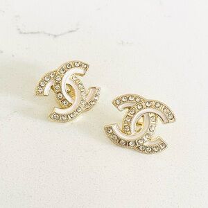 Luxury Gold/White/Rhinestone Signature Logo Repurposed Button Earrings 22mm